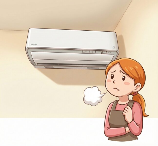 引越しに伴うエアコンの移設やクリーニングに悩む女性のイラスト"