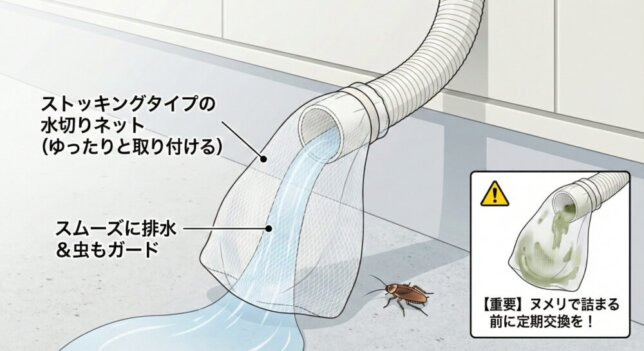 ドレンホースの虫よけ対策にストッキング形状のものをとりつけ