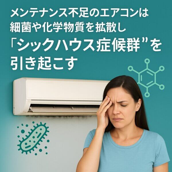 メンテナンス不足のエアコンがシックハウス症候群を引き起こす危険性を訴えるイメージ。エアコンから細菌が拡散し、女性が頭痛に悩んでいる様子