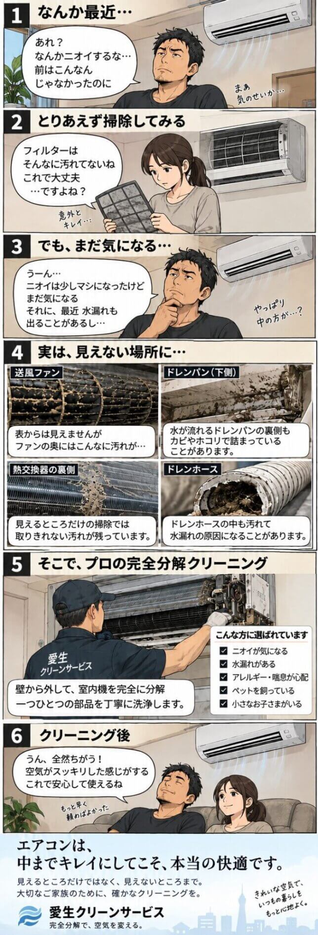 エアコンクリーニングでのお悩みから完全分解クリーニングを知るまでの漫画