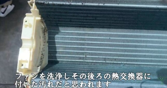 ファンから飛び散ったカビが熱交換器に