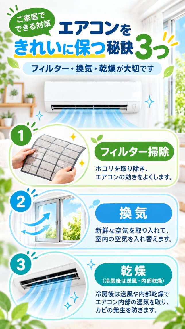 エアコンをきれいに保つ秘訣3つ|フィルター掃除・換気・乾燥