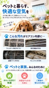 犬と猫がいる家庭のエアコン汚れとお手入れの案内