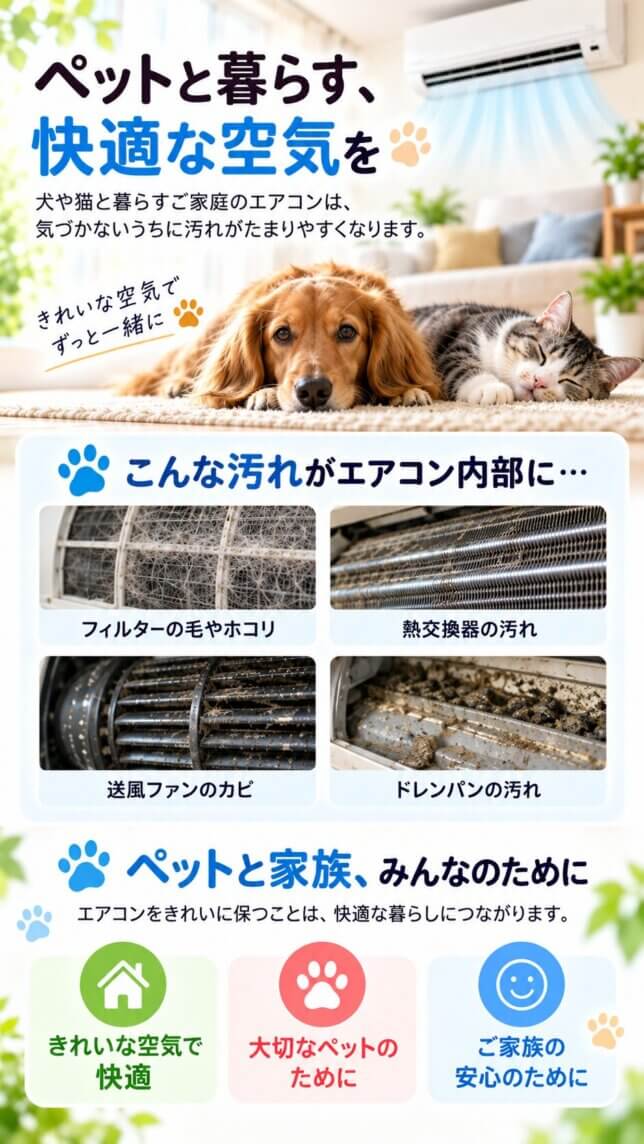 犬と猫がいる家庭のエアコン汚れとお手入れの案内